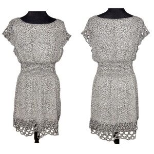 bar III Smocked Waist Dress L Cutout Hem Flutter Sleeve Black White Classic